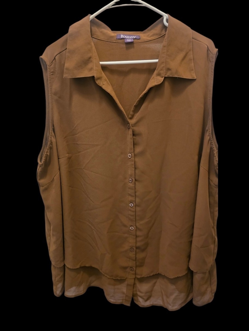 Roaman's Brown Sleeveless Chiffon Button-Down Blouse